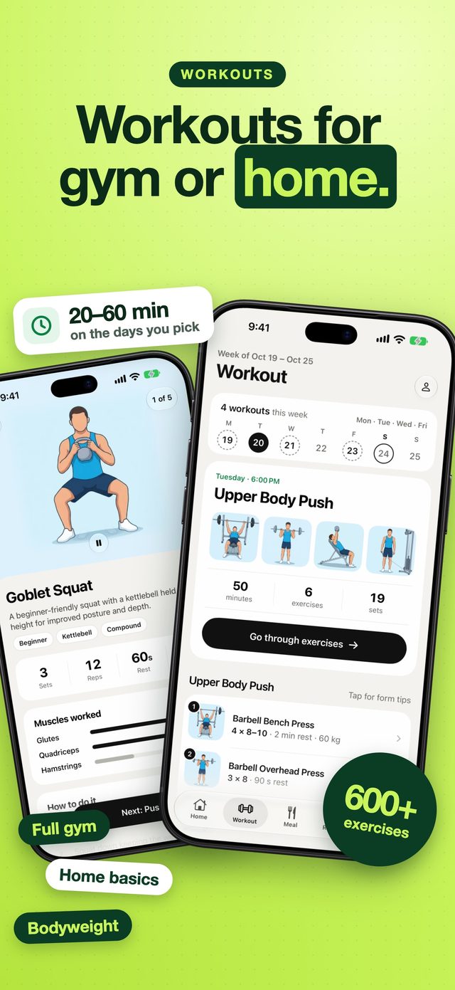 ZivaAI screenshot: Workouts for gym or home