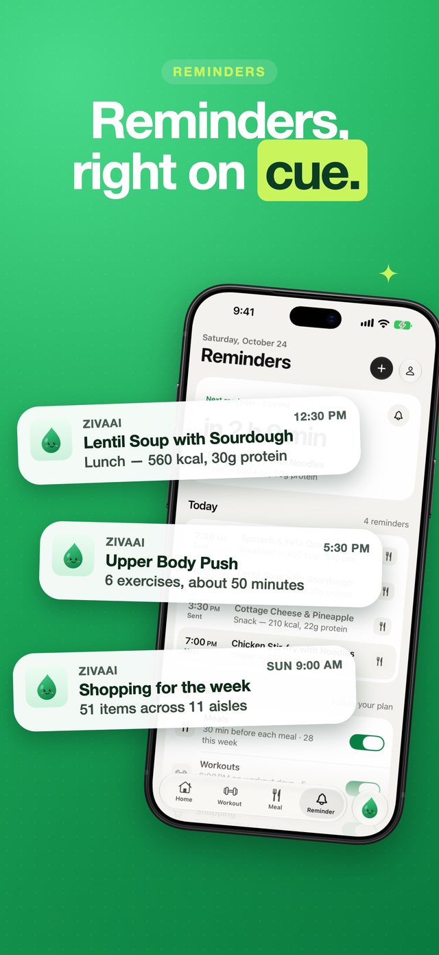 ZivaAI screenshot: Reminders on cue